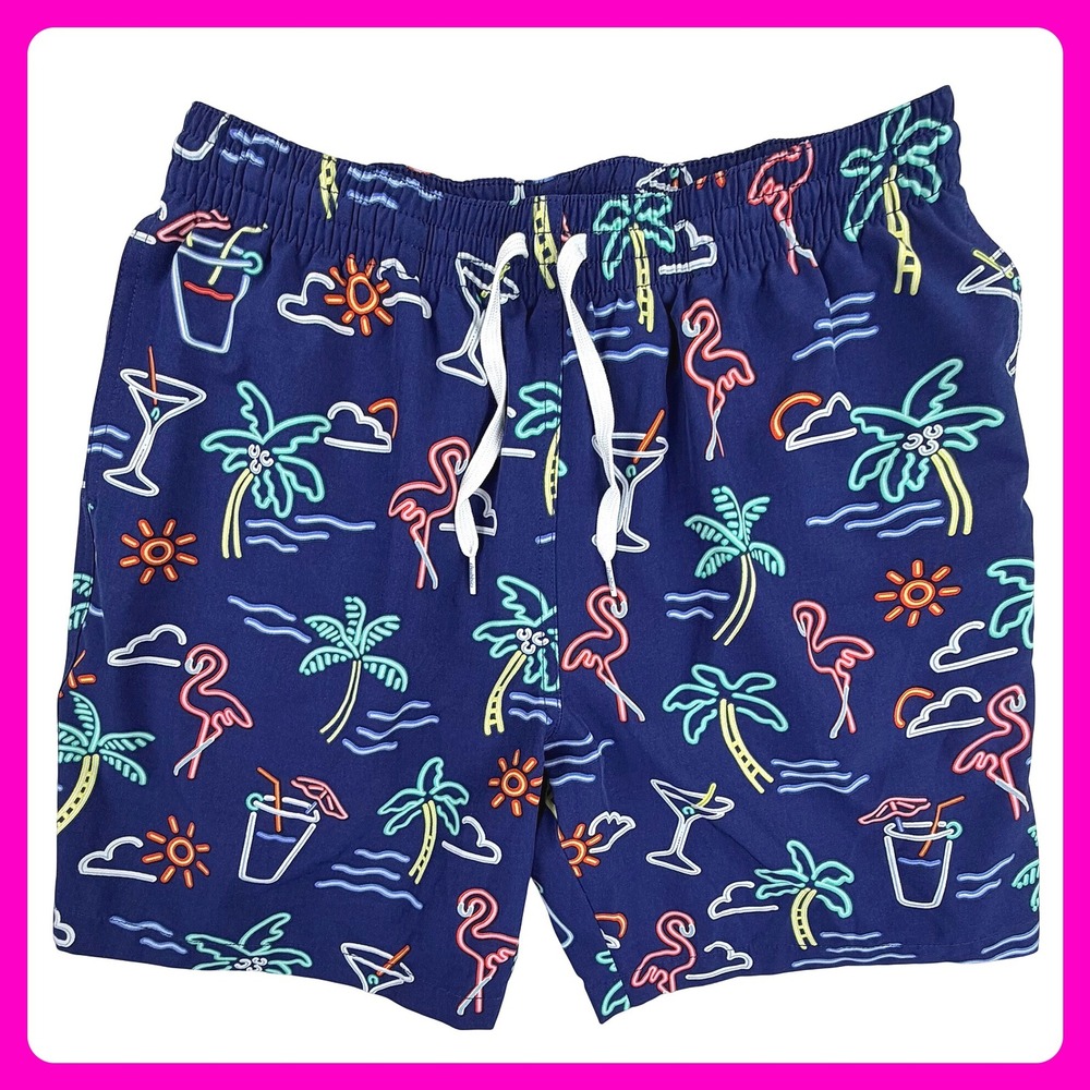 Chubbies Swim Trunks Shorts Men Large Blue Neon Flamingo Tropical Beach Pool 7"